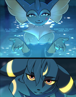 anthro anthrofied black_body black_ears black_fur black_nose black_tail blue_body blue_eyes blue_fur duo female female_anthro fur male mature_anthro mature_female moon pokemorph pose red_eyes tail text odeko-yma chainsaw_man i'll_teach_you_everything_(chainsaw_man) nintendo pokemon pokemon_mystery_dungeon spike_chunsoft lucky_(odeko-yma) vivian_(odeko-yma) eeveelution generation_1_pokemon generation_2_pokemon pokemon_(species) umbreon vaporeon colored detailed digital_drawing_(artwork) digital_media_(artwork) english_text hi_res shaded