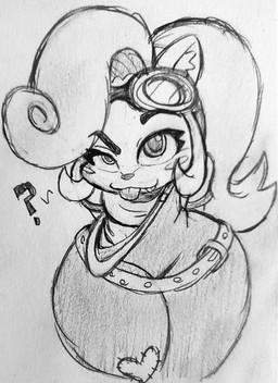 anthro blep breasts eyebrows fangs female hands_behind_back high-angle_view huge_thighs looking_at_viewer mischievous_smile pear-shaped_figure question_mark raised_eyebrow small_breasts solo teeth thick_thighs tongue tongue_out wide_hips fauxtellno1 activision crash_bandicoot_(series) coco_bandicoot bandicoot mammal marsupial hi_res monochrome