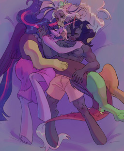aged_up anthro beard bed body_hair chest_hair cuddle_pile facial_hair female furniture group hooves horn male male/female sleeping trio underhoof wings abbytabbys friendship_is_magic hasbro my_little_pony mythology discord_(mlp) king_sombra_(mlp) twilight_sparkle_(mlp) equid equine mammal mythological_creature mythological_equine unicorn winged_unicorn hi_res