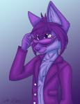 5_fingers anthro blue_eyes chest_tuft clothed clothing eyewear fingers fur gradient_background hair jacket male open_clothing open_jacket open_topwear partially_clothed purple_body purple_fur purple_hair short_hair simple_background solo sunglasses topwear tuft pogostix avantle canid canine fennec_fox fox mammal true_fox 2014 half-length_portrait hi_res portrait purple_theme