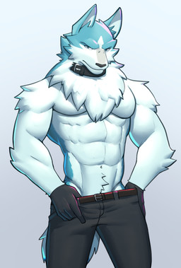 abs anthro belt biceps blue_body blue_eyes blue_fur bottomwear bottomwear_down clothed clothing collar countershading fur gloves handwear male multicolored_body multicolored_fur muscular muscular_anthro muscular_male navel neck_tuft pants pants_down partially_clothed pecs pose pubes simple_background solo topless triceps tuft two_tone_body two_tone_fur undressing white_body white_fur jrjresq brand_new_animal studio_trigger shirou_ogami canid canine canis mammal wolf 2021 hi_res pinup portrait three-quarter_portrait
