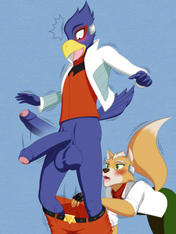 accident accidental_exposure anthro assisted_exposure balls beak big_balls big_penis blue_background blue_body blue_feathers blush bottomwear bottomwear_down clothed clothing dipstick_tail duo embarrassed feathers foreskin fur genitals hair heart_eyes heart_symbol humanoid_genitalia humanoid_penis male male/male markings motion_lines nude open_mouth pants pants_down pantsing partially_clothed penis pulling_pants_down shocked simple_background surprised tail tail_markings topwear yellow_beak dustin_c nintendo star_fox falco_lombardi fox_mccloud avian bird canid canine canis fox mammal 3:4 digital_media_(artwork) hi_res