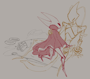 4_fingers ambiguous_gender antennae_(anatomy) anthro arthropod_abdomen black_eyes bracelet bracelet_only cloak cloak_only clothing digitigrade duo exoskeleton featureless_feet feet fingers holding_leg holding_thigh horn jewelry red_cloak red_clothing segmented_body simple_background size_difference sketchy spinneret weapon lumen_fox hollow_knight:_silksong hollow_knight_(franchise) team_cherry hornet_(hollow_knight) shakra_(hollow_knight:_silksong) arachnid arthropod absurd_res hi_res sketch female_(lore)