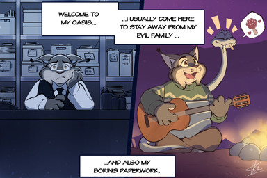 acoustic_guitar anthro clothing dialogue duo feral food fur grey_body grey_fur guitar male musical_instrument outside pawpsicle plucked_string_instrument popsicle smile string_instrument sweater text topwear doraemonbasil disney zootopia gary_de'snake pawbert_lynxley canada_lynx felid feline lynx mammal pit_viper reptile scalie snake viper 3:2 english_text