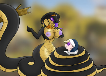 anthro apode big_breasts black_body blonde_hair bound branch breasts coiling crown duo ear_piercing ear_ring female glowing glowing_eyes golden_body hair hand_on_breast headgear hypnosis jewelry larger_anthro larger_female legless long_tail male mind_control necklace nipples non-mammal_breasts nun_outfit open_mouth piercing purple_eyes restrained ring_piercing ringed_eyes serpentine size_difference smaller_human smaller_male tail tiara tongue tongue_out wrapped quickcast draconcopode human mammal naga reptile scalie snake colored hi_res