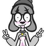 anthro belly_blush blush body_blush breast_blush clothed clothing clothing_lift double embarrassed female floppy_ears gesture grey_hair hair hat headgear headwear jewelry necklace nerves nipples sign solo sticking thin_body tongue karimart fifi_(somemf) canid canine canis domestic_dog mammal