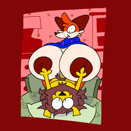 anthro bed bedroom_sex body_hair bouncing_breasts breast_play breasts clothing drawer duo furniture gynomorph hand_on_breast happy happy_sex happy_trail hyper intersex intersex/male lamp lying male on_back plap red_background sex shirt simple_background thrusting titfuck topwear window conditional_dnp furryfluffbutt soups_(superiorfox) canid canine felid fox lion mammal pantherine animated