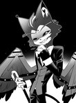 anthro cane clothed clothing feathered_wings feathers male smile smirk solo wings enaic31 hazbin_hotel husk_(hazbin_hotel) demon domestic_cat felid feline felis mammal absurd_res hi_res monochrome