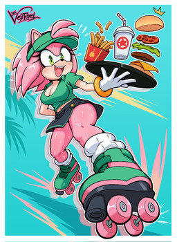 5_fingers anthro beverage big_breasts black_nose bodily_fluids border bottomwear bracelet breasts burger cleavage clothed clothing eyelashes female fingers food footwear fries fully_clothed gloves green_clothing green_eyes green_shirt green_t-shirt green_topwear hair handwear hat headgear headwear holding_tray jewelry looking_at_viewer low-angle_view midriff miniskirt navel open_mouth open_smile pink_body pink_hair quad_skates roller_skates shirt short_hair skirt smile socks solo sweat sweaty_body t-shirt teeth text thick_thighs topwear visor_cap waiter white_border wide_eyed vextexel sega sonic_the_hedgehog_(series) amy_rose eulipotyphlan hedgehog mammal 2026 artist_name hi_res