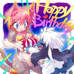 anthro anus birthday blue_eyes blush breasts duo female hair happy_birthday kemono open_mouth pink_hair cotora ricola_(cotora) domestic_cat felid feline felis mammal 1:1