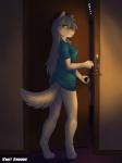 2019 3:4 anthro barefoot biped bottomless breasts butt candle canid canine canis clothed clothing comic digital_media_(artwork) digitigrade door feet female fur hi_res holding_candle holding_object inside keidran looking_back mammal pink_nose raine_silverlock seff_(artist) shaded shirt solo t-shirt topwear twokinds white_body white_fur wolf yellow_eyes zen_(twokinds)