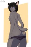 anthro areola back_boob black_hair blue_eyes breasts butt clothed clothing eyeshadow female grey_body hair looking_back makeup nipples panties rear_view short_tail side_boob simple_background solo tail tattoo underwear undressing flyingtrace iris_(flyingtrace) bobtail_cat domestic_cat felid feline felis mammal 2023 digital_media_(artwork) hi_res signature