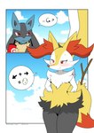 2021 absurd_res anthro artist_name beverage black_body black_fur black_inner_ear black_legs blue_body blue_ears blue_fur blush braixen cloud comic dipstick_tail directional_arrow duo egg ellipsis english_text featureless_crotch female first_page fluffy fluffy_tail fur generation_4_pokemon generation_6_pokemon hands_behind_back hi_res holding_beverage holding_object holding_stick looking_at_another lucario male markings nintendo outside pictographics plus_sign pokemon pokemon_(species) pokemon_egg question_mark sky smile stick stick_in_tail tail tail_markings tan_body tan_fur text white_arms winick-lim yellow_body yellow_ears yellow_fur yellow_tail