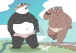 anthro bodily_fluids bulge clothing duo hat headgear headwear hose male nipples obese overweight overweight_male simple_background sweat underwear water uokkom bear brown_bear giant_panda grizzly_bear mammal ursine