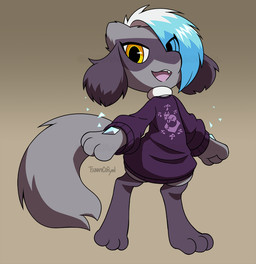 anthro blue_hair_tips clothing eye_through_hair facial_markings fur grey_body grey_fur hair hair_over_eye head_markings leg_markings looking_at_viewer markings mask_(marking) open_mouth pink_tongue purple_clothing purple_sweater purple_topwear simple_background smile smiling_at_viewer socks_(marking) solo sweater tail tongue topwear translucent translucent_hair white_hair yellow_background yellow_eyes somesacredbird nintendo pokemon fan_character generation_4_pokemon pokemon_(species) riolu 2026 digital_drawing_(artwork) digital_media_(artwork) english_description