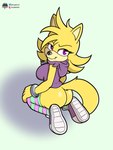 anthro bottomless butt clothed clothing female footwear hoodie legwear pattern_clothing pattern_footwear pattern_legwear pattern_socks purple_eyes shoes socks solo striped_clothing striped_footwear striped_socks stripes thigh_highs topwear torn_sleeves yellow_body fourssss sega sonic_the_hedgehog_(series) ellie_the_wolf fan_character canid canine canis mammal wolf 2024 hi_res