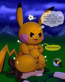 animal_genitalia balls dialogue duo facesitting feral fully_sheathed genitals interspecies male male_on_top night on_top pokeball pokemon_speak pokephilia sheath sitting_on_another sparkles taunting text thought_bubble ultra_ball unconscious tepigfan101 nintendo pokemon generation_1_pokemon human mammal pikachu pokemon_(species) shiny_pokemon 2023 absurd_res digital_media_(artwork) english_text hi_res