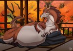 2_horns ambiguous_gender autumn belly big_belly brown_hair cheek_tuft claws detailed_background digitigrade ear_piercing ear_ring facial_tuft feral forest forest_background hair horn huge_belly japan japanese long_neck long_tail looking_at_viewer lying_on_ground morbidly_obese morbidly_obese_ambiguous morbidly_obese_feral multicolored_body nature nature_background obese obese_ambiguous obese_feral on_ground overweight overweight_ambiguous overweight_feral piercing plant ring_piercing smile solo tail tail_tuft tree tuft biglovealicia mythology dragon eastern_dragon mythological_creature mythological_scalie scalie 2021 cel_shading digital_media_(artwork) hi_res shaded signature