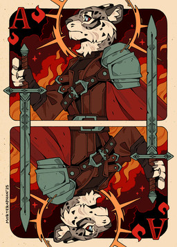 anthro armor card cheek_tuft facial_tuft fur grey_body grey_fur holding_object holding_weapon male markings melee_weapon playing_card playing_card_template shoulder_armor side_view solo spots spotted_body spotted_fur sword tan_body tan_fur tuft weapon morteraphan felid mammal pantherine snow_leopard 2025 signature