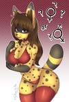 anthro breasts brown_hair clothed clothing collar eyewear female glasses hair legwear lingerie lingerie_panties long_ears long_hair raised_tail red_clothing seductive simple_background solo spots tail thigh_highs yellow_body chainilla felid feline mammal serval absurd_res hi_res