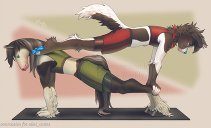 anthro duo male male/male yoga yoga_mat yoga_shorts yoga_top fiuefey canid canine canis domestic_dog equid equine horse mammal hi_res