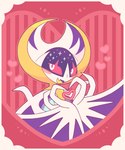 ambiguous_gender anthro blush blush_lines fangs gesture heart_background heart_gesture heart_symbol looking_at_viewer open_mouth pink_eyes purple_body simple_background solo teeth tongue wings prizma730 nintendo pokemon generation_7_pokemon legendary_pokemon lunala pokemon_(species) 2025 hi_res