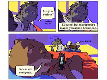 anthro bed cellphone clothed clothing dialogue electronics flip_phone furniture gesture group hand_gesture inside male phone speech_bubble text trio phwog echo_(game) echo_(series) echo_project carl_hendricks chase_hunter flynn_moore asian_small-clawed_otter bighorn_sheep bovid caprine gila_monster helodermatid lizard mammal mustelid otter reptile scalie sheep 4:3 comic english_text hi_res