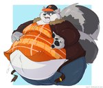 airborne_object anthro baseball_cap belly belt big_belly button_(fastener) button_pop chubby_cheeks claws clothed clothing copyright_symbol double_chin facial_markings fur grey_body grey_fur hat head_markings headgear headwear male markings mask_(marking) moobs obese obese_anthro obese_male open_mouth overweight overweight_anthro overweight_male ring_(marking) ringed_tail solo straining_buttons striped_markings striped_tail stripes surprise symbol tail tail_markings teeth thick_thighs tight_clothing tongue torn_clothing unbuttoned wardrobe_malfunction heavy_doodles rocky_ramos mammal procyonid raccoon absurd_res hi_res