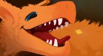 ambiguous_gender blue_eyes feral fluffy fluffy_ears food fur open_mouth open_smile orange_body orange_fur simple_background smile solo teeth tongue tongue_out shufflefur cheez-its mythology dragon mythological_creature mythological_scalie scalie digital_media_(artwork) digital_painting_(artwork) hi_res signature