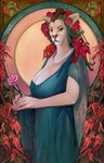 anthro armband art_nouveau beautiful_background bottomwear breasts classical clothed clothing container detailed_background fantasy female flower food fruit jar jewelry mature_female nature nature_background necklace ornament plant poster renaissance rose_(flower) skirt solo strawberry tail wood diorionarh mythology cougar felid feline mammal pantherine tiger hi_res portrait