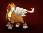 ambiguous_gender brown_body brown_fur chest_tuft facial_tuft feral fur gradient_background neck_tuft red_background red_eyes shadow simple_background solo spikes spikes_(anatomy) tuft yellow_body yellow_fur emilythepenguin nintendo pokemon entei generation_2_pokemon legendary_pokemon pokemon_(species)