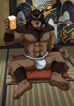 abs alcohol anthro arm_hair asian_clothing barefoot beard beer belly_hair beverage blush body_hair brown_hair bulge chest_hair clothed clothing drinking drinking_beer drunk east_asian_clothing eyes_closed facial_hair fangs feet forearm_hair forearm_muscles forearms fundoshi fundoshi_only grin hair hairy hairy_legs hand_on_knee hand_on_leg inside japanese_clothing male manly muscular muscular_legs muscular_thighs navel nipples pecs shoulder_hair sitting smile solo spread_legs spreading substance_intoxication tatami teeth topless underwear underwear_only naikuma final_fantasy final_fantasy_xiv square_enix felid hrothgar mammal 2024 hi_res