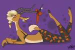 3_fingers anthro biped blonde_hair breasts brown_body brown_fur clothed clothing eyes_closed female fingers fur hair horn simple_background solo jabberwockychamber disney zootopia gazelle_(zootopia) antelope bovid gazelle grant's_gazelle mammal nanger true_antelope 2019 digital_media_(artwork)