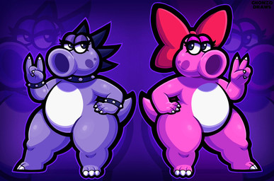 accessory anthro blue_body bracelet claws collar duo eyeshadow feet female hair_accessory hair_ribbon hand_on_hip jewelry makeup narrowed_eyes pink_body purple_background ribbons simple_background spiked_bracelet spiked_collar spikes spikes_(anatomy) tail toe_claws chonzo mario_bros nintendo birdo_(character) birdo dinosaur prehistoric_species reptile scalie hi_res