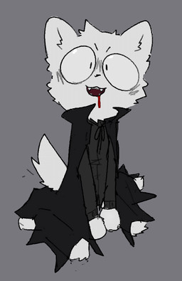 alternative_fashion ambiguous_gender anthro black_cape black_cloak black_clothing blood blood_from_mouth blood_in_mouth bodily_fluids cape cloak clothed clothed_anthro clothing fully_clothed fully_clothed_anthro fur goth grey_background monotone_body monotone_fur open_mouth open_smile simple_background smile solo white_body white_fur young bravobunny canid canine canis domestic_dog mammal full-length_portrait portrait
