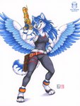 anthro black_nose blue_eyes blue_hair breasts clothed clothing feathered_wings feathers female gun hair navel_outline ranged_weapon shirt simple_background solo spread_wings tail tank_top topwear weapon white_background wings kacey outlaw_star gene_starwind tala_(suntattoowolf) canid canine canis mammal wolf 2022