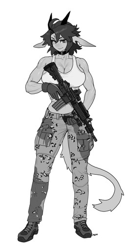 5_fingers anthro biped bottomwear breasts clothed clothed_anthro clothed_female clothing female fingers front_view fully_clothed fully_clothed_anthro fully_clothed_female gloves gun hair handwear holding_gun holding_object holding_ranged_weapon holding_weapon horn looking_at_viewer ranged_weapon simple_background smile solo standing topwear weapon white_background wolfcut pgm300 mythology chabett dragon mythological_creature mythological_scalie scalie 1:2 2025 absurd_res digital_drawing_(artwork) digital_media_(artwork) hi_res monochrome sketch