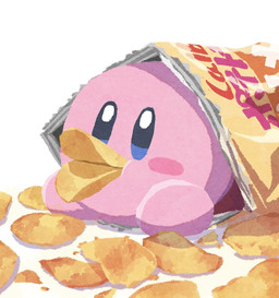 ambiguous_gender black_eyes blue_eyes blush blush_stickers chips_(food) earless eating food food_in_mouth hand_on_floor inside noseless not_furry pink_body pink_skin potato_chips rosy_cheeks round_body round_eyes shadow simple_background solo text toony white_background ara_love_kirby calbee kirby_(series) nintendo kirby alien waddling_head 2025 colored digital_media_(artwork) japanese_description japanese_text