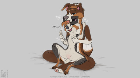 3_toes 5_fingers age_difference anthro anthro_on_anthro balls bedroom_eyes black_text blue_eyes breath brown_body brown_fur dialogue duo feet female fingers flat_chested floppy_ears folded_ears front_view fur genitals green_eyes grey_background grey_text heart_symbol heterochromia hindpaw humanoid_hands intimate larger_male licking licking_another licking_partner looking_at_another looking_at_partner male male/female multicolored_body multicolored_fur narrowed_eyes nude older_male open_mouth open_smile pawpads paws seductive simple_background sitting size_difference small_tail smaller_female smile snout tail talking_to_another talking_to_partner text toes tongue tongue_out vulva white_body white_fur young young_anthro younger_female furvie furvie_(furvie) juno_clark australian_shepherd canid canine canis domestic_dog herding_dog mammal pastoral_dog sheepdog 2022 absurd_res colored dated digital_drawing_(artwork) digital_media_(artwork) english_text hi_res signature url daughter_(lore) father_(lore) father_and_child_(lore) father_and_daughter_(lore) incest_(lore) parent_(lore) parent_and_child_(lore) parent_and_daughter_(lore)