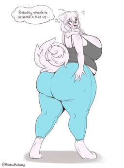 5_fingers anthro bangs big_breasts big_butt black_clothing black_shirt black_topwear blue_bottomwear blue_clothing blue_pants blush bottomwear breasts butt cleavage clothed clothing curled_tail eyewear female fingers fur glasses hair hand_on_butt huge_breasts huge_butt looking_at_own_butt looking_back overweight overweight_female pants round_glasses shirt simple_background solo standing tail topwear wearing_glasses white_background white_body white_fur white_hair worried mulberrytarthorse canid canine canis domestic_dog mammal nordic_sled_dog samoyed spitz 2021 absurd_res colored digital_drawing_(artwork) digital_media_(artwork) flat_colors hi_res