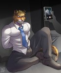 blue_eyes blush bucket bulge cellphone clothed clothing container duo electronics eyewear faceless_character fur glasses hands_behind_back male markings necktie phone recording restraints solo_focus spots spotted_body spotted_fur tan_body tan_fur white_body white_fur h155296 ripple_moon aggretsuko sanrio hyoudou felid leopard mammal pantherine