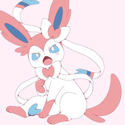 ambiguous_gender big_ears blue_body blue_eyes blue_fur blush blush_lines bow_(anatomy) fangs feral fur multicolored_body multicolored_fur open_mouth paws pink_body pink_fur raised_paw ribbons_(anatomy) sitting solo tail teeth tongue white_body white_fur noye nintendo pokemon eeveelution generation_6_pokemon pokemon_(species) sylveon 1:1 2026 digital_drawing_(artwork) digital_media_(artwork) flat_colors