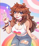 anthro big_breasts bottomwear bracelet breasts choker cleavage clothed clothing crop_top denim denim_bottomwear denim_clothing ear_piercing female gesture hand_gesture jeans jewelry lgbt_pride midriff necklace pants piercing pride_color_background pride_colors rainbow shirt simple_background solo tongue tongue_out topwear torn_clothing v_sign shambletime lagomorph leporid mammal rabbit hi_res