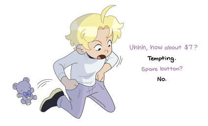 ahoge blonde_hair bottomwear clothing dialogue footwear hair hands_in_both_pockets human_only kneeling male not_furry pants plushie question_mark shirt shoes short_hair simple_background solo teddy_bear text topwear white_background white_clothing white_shirt white_topwear kianamai pretty_pretty_please_i_don't_want_to_be_a_magical_girl eclipse_(idwtbamg) human mammal digital_media_(artwork)