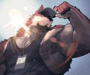 anthro armpit_hair badge beard biceps blue_clothing blue_shirt blue_tank_top blue_topwear bodily_fluids body_hair chest_hair claws clothing facial_hair finger_claws fur furgonomic_hat furgonomic_headwear furgonomics hat headgear headwear light light_beam low-angle_view male muscular muscular_anthro muscular_male nipples outside pecs red_body red_fur shirt solo staff sun sunbeam sunlight sweat tank_top topwear vein veiny_muscles rybiok canid canine canis mammal wolf 2024