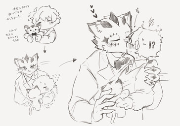 anthro blush bow_tie clothing duo eyes_closed fur kissing male male/male shirt soft_toy text topwear unexpected hayata_461 lifewonders tokyo_afterschool_summoners ose_(tas) protagonist_(tas) felid human leopard mammal pantherine 2024 hi_res japanese_text monochrome