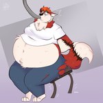 anthro belly belly_expansion belly_inflation big_belly butt butt_expansion cheek_bulge expansion hose hose_in_mouth hose_inflation huge_belly inflation male sitting solo thick_thighs weight_gain sillyspirit maestro_peacewalker_(maestrofox) canid canine fox mammal hi_res