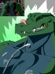 anthro bodily_fluids cum cumshot ejaculation erection eyes_closed fangs genital_fluids genitals green_body green_skin licking male masturbation muscular muscular_anthro muscular_male nude orgasm pecs penis scar solo teeth tongue tongue_out unknown_artist batman_(series) dc_comics killer_croc crocodile crocodilian crocodylid reptile scalie 3:4