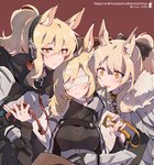 5_fingers blonde_hair blush bow_tie breasts clothing collar covered_eyes electronics female fingers fur group hair headgear headphones inner_ear_fluff leash ponytail smile tuft white_body white_fur yellow_eyes kyou_039 arknights hypergryph studio_montagne blemishine_(arknights) nearl_(arknights) whislash_(arknights) animal_humanoid equid equid_humanoid equine equine_humanoid humanoid mammal mammal_humanoid 2020 hi_res aunt_(lore) aunt_and_niece_(lore) niece_(lore) sibling_(lore) sister_(lore) sisters_(lore)