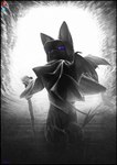 2023 anthro bat_wings cape carinae cave clothed clothing conditional_dnp detailed_background digital_media_(artwork) felid feline felis female frown fully_clothed glowing glowing_eyes hi_res hood inside legacy_(ratte) looking_at_viewer magic mammal membrane_(anatomy) membranous_wings onene open_mouth purple_eyes ratte signature solo spade_tail stairs tail text url walking_stick wings